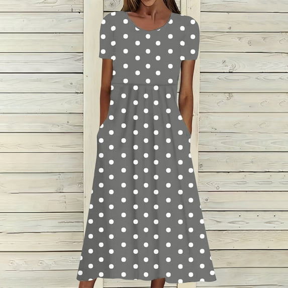 Elvqul Womens Summer Dresses Short Sleeve Tunic Long Dresses Gray Elastic Waist Pullover Round Neck Tank Dresses for Women Polka Dot