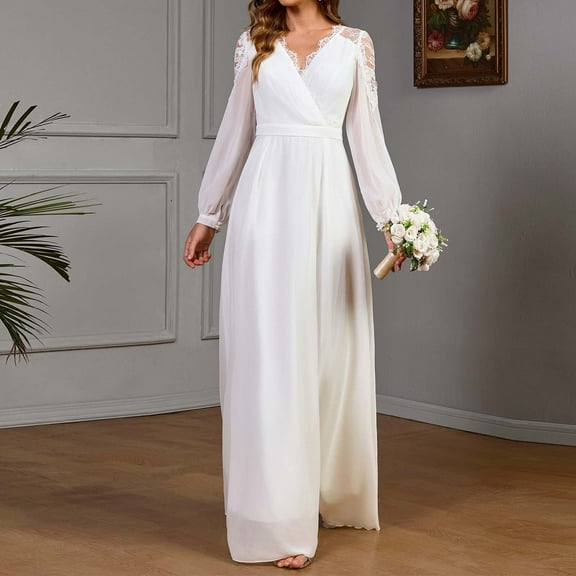 Elvqul Womens Summer Dresses Under $15 Solid White V-Neck Long Everyday Long Sleeve Everyday Dresses