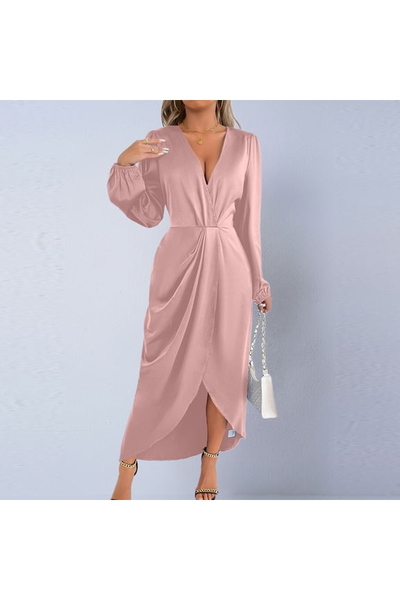 Womens Summer High-Low Dresses Pullover Dresses V Neck Side Split Long Sleeve Plain Tunic A-Line Dresses for Asymmetrical