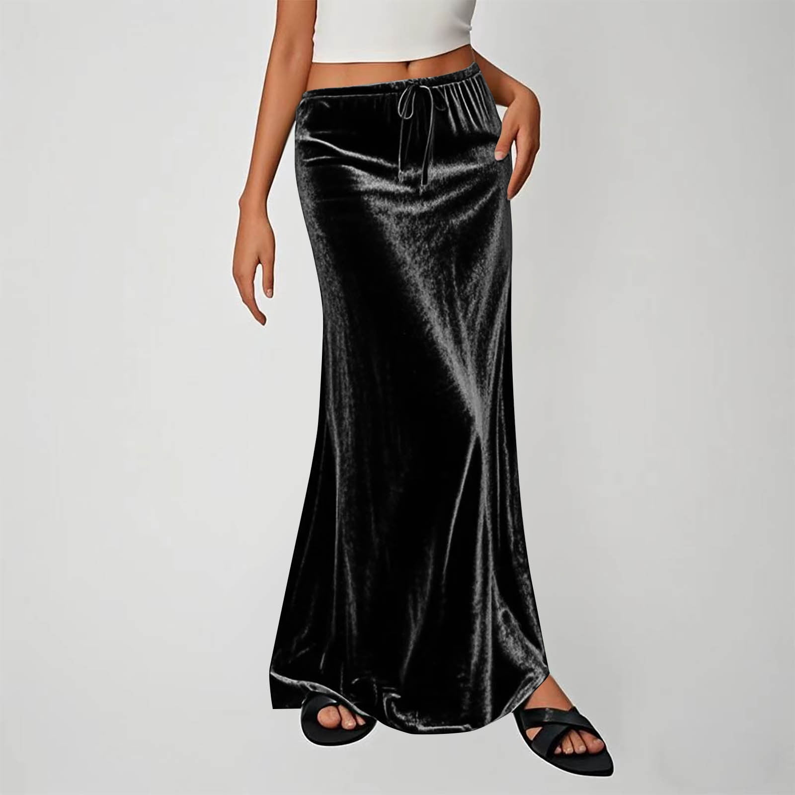 Elvqul Womens Summer Maxi Skirts Black A Line Skirts Beach Plain Dressy ...