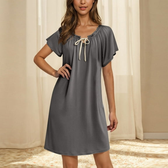 Royisotas Womens Summer Nightgowns Loose Short Sleeve Pajamas Long 100%Cotton Solid Color Sleepwear for Ladies Crew Neck