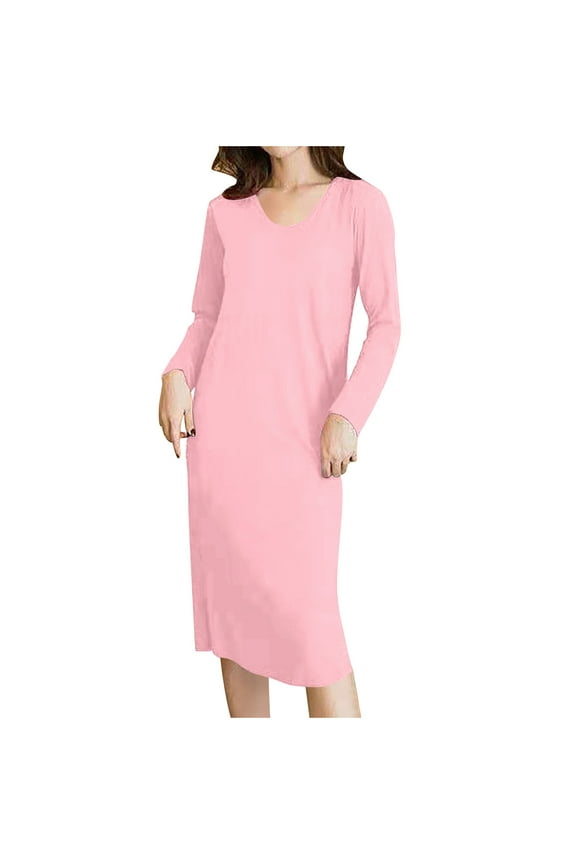 Nightgowns for Women Winter Pink Sleepwear Padded Mid Length Solid Color Crew Neck Ladies Home Wear Long Sleeve