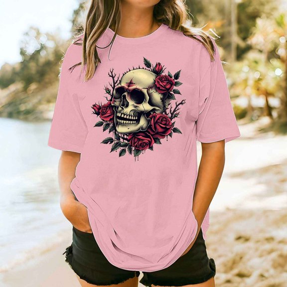 Elvqul Womens Summer T Shirts Plus Size Blouses Short Sleeve Graphic Holiday Crew Neck Tops for Women