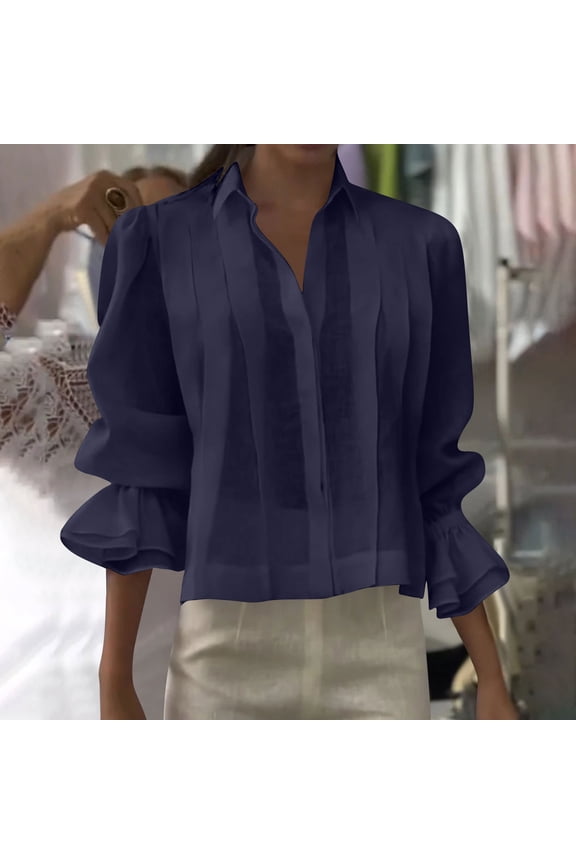 Womens Summer Tops Tunic Shirts 3/4 Sleeve Pullover Solid Ruffle Blouses for Women Notch Collar