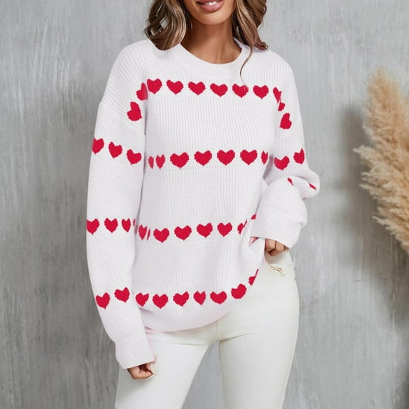 Vetsdori Womens Sweaters Knitting Cotton Crew neck Pullover Love Heart Print Soft Present Valentine White Tops for Women Long Sleeve