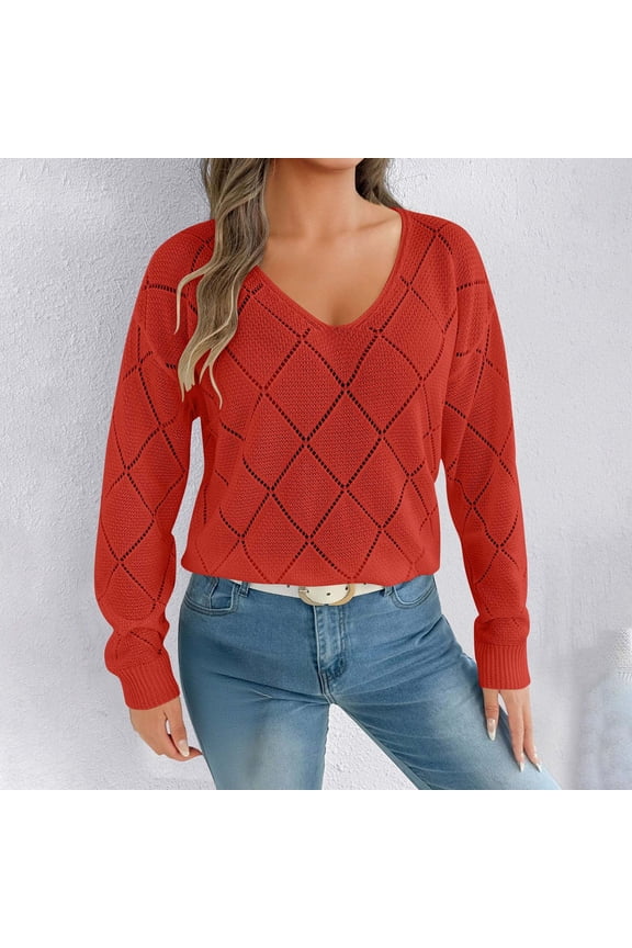 Womens Sweaters Orange Checkered Pullover Long Sleeve V Neck Warm Sweater Tops for Ladies
