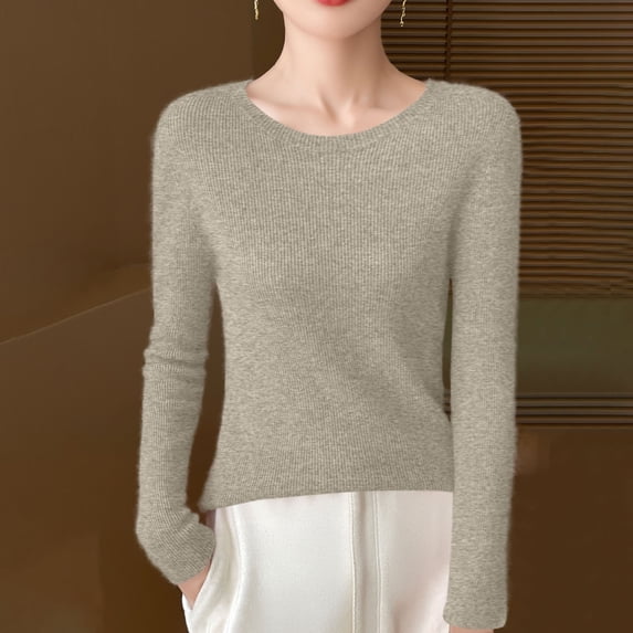 Vetsdori Womens Sweaters Plain Pullover Round Collar Fashion Khaki Long Sleeve Soft Sweaters for Women