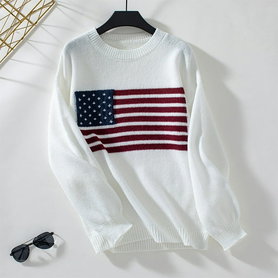 Vetsdori Womens Sweaters Print Crewneck Pullover Soft Knit Office Style Tops for Women White