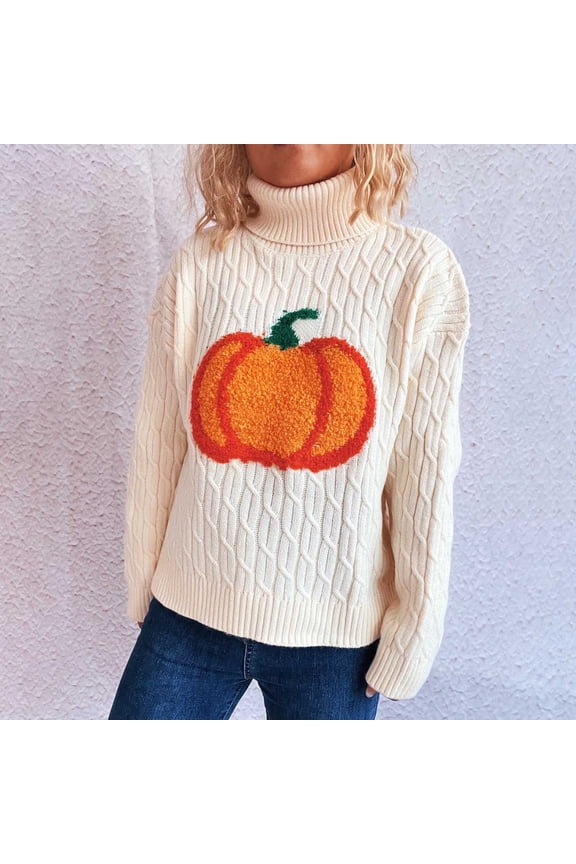 Womens Sweaters White Pumpkin Knit Long Sleeve Pullover Turtleneck Sweater Tops for Women Warm