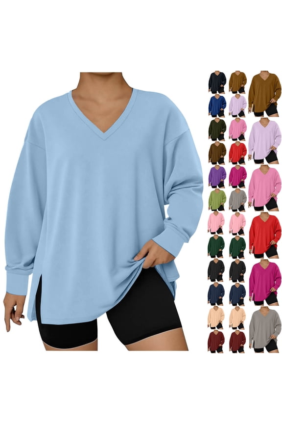 Womens Pullover Sweatshirts Oversized Blue V Neck Fashion Loose Plus Size Tops for Ladies Oversized