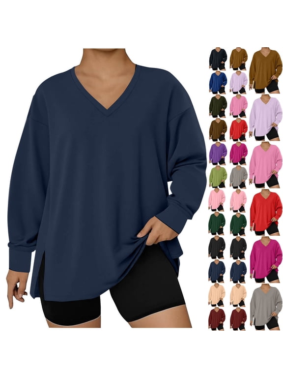 Plus Size Sweatshirts for Women Oversized Navy Pullover Loose Winter V Neck Ladies Tops
