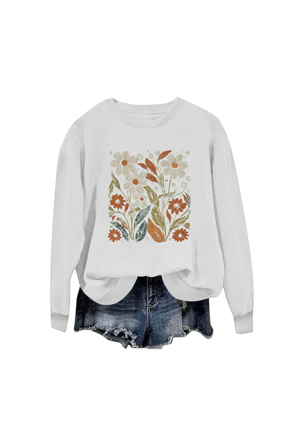 Womens Sweatshirts White Crew Neck Graphic Comfortable Shirts Loose Fit Sweater Tunic Juniors Sweatshirts