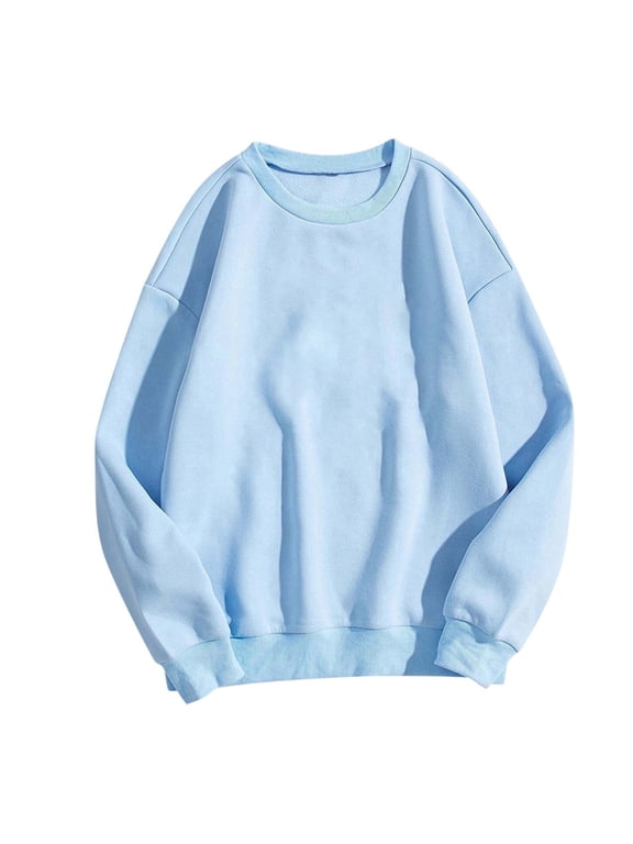 Womens Sweatshirts Crew Neck Light Blue Tops Casual Work Plain Sweater Long Sleeve Pullover Sweatshirts