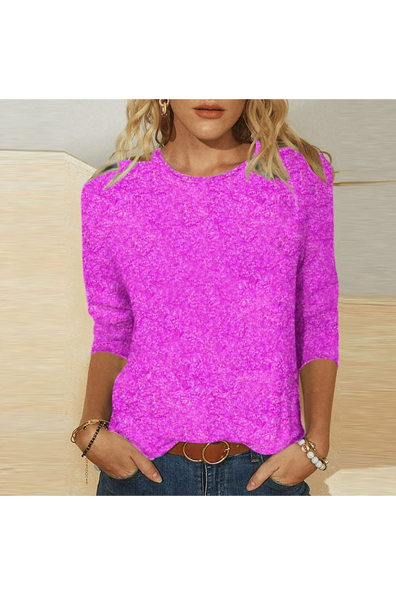Womens T-Shirts Crew Neck Graphic Soft Hot Pink Tops 3/4 Sleeve Young Adult Pullover T-Shirts
