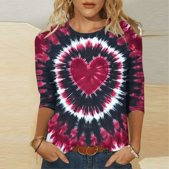 Elvqul Womens T-Shirts Love Print Wine Tops Comfy 3/4 Sleeve Young Adult Pullover Crew Neck T-Shirts