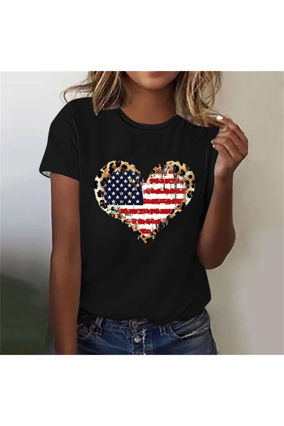 Womens T-Shirts Plus Size Fourth of July American Flag Tops Patriotic Round Neck Pullover Black Eagle Blouses for Juniors Short Sleeve