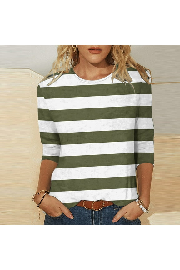 Womens T-Shirts Soft Crew Neck 3/4 Sleeve Pullover Striped Army Green Tops Juniors T-Shirts