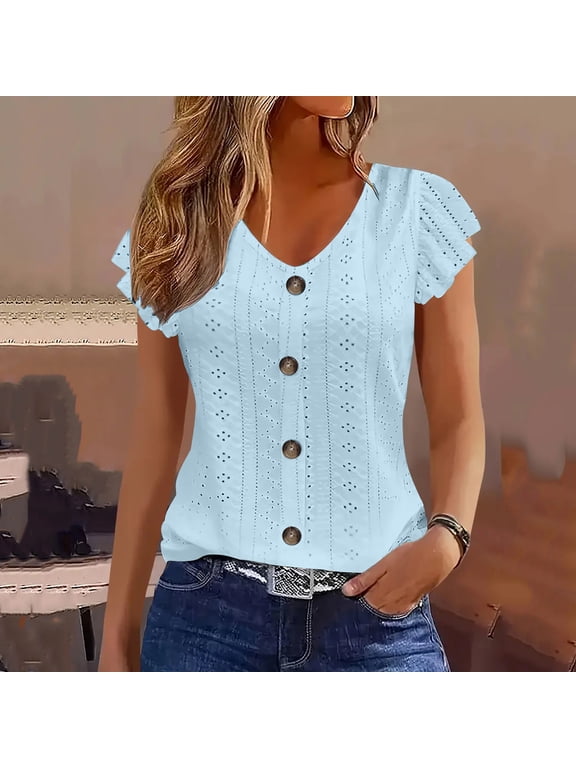 Womens T Shirts V-Neck Button Down Solid Color Tops Short Sleeve Summer Blouses for Juniors Fashion