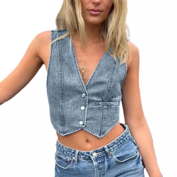 Elvqul Womens Tank Tops Blue V-Neck Denim Vest Sleeveless Plain Button up Casual Juniors Tank Tops