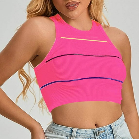 Elvqul Womens Tank Tops Stripe Print Training Pullover Crew Neck Gym Hot Pink Basic Sleeveless Tops