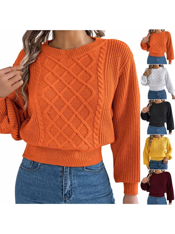 Hipattires Womens Thick Warm Sweaters Comfortable Tailored Pullover Solid Cropped Knitted Winter Tops Long Sleeve Orange Blouse for Women