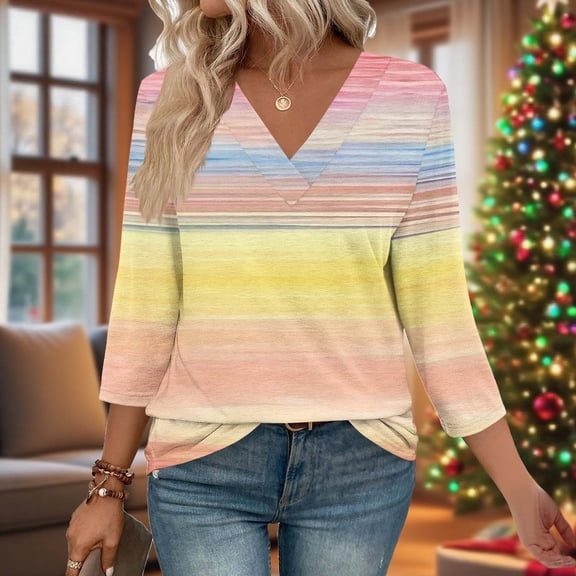 Elvqul Womens Tops 3/4 Sleeve Shirts Casual V Neck Spring Pullover Tops for Women Loose