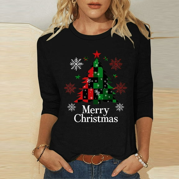 Elvqul Womens Tops 3/4 Sleeve T Shirts Pullover Christmas Fashion Crewneck Print Blouses for Women Loose