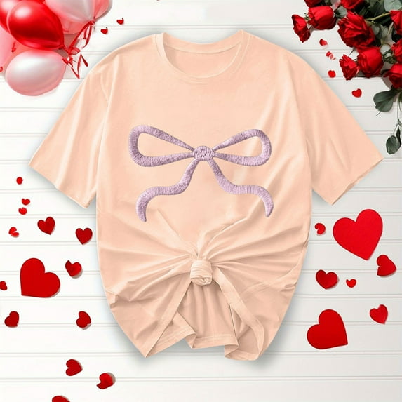 Elvqul Womens Tops Bow Print Cotton Loose Fit Blouses Short Sleeve Summer Pullover Crew Neck Yellow Tees Tops