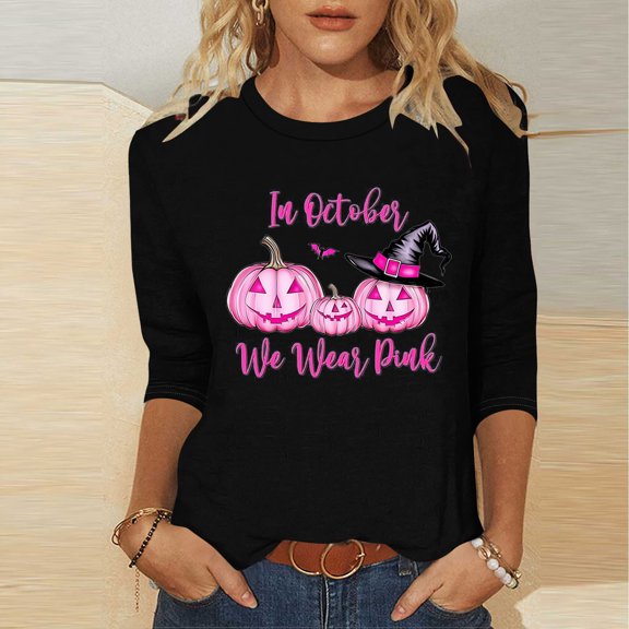 Elvqul Womens Tops Fashionable Crew Neck Blouses Casual Pullover 3/4 Sleeve Breast Cancer Graphic Versatile Tops for Juniors