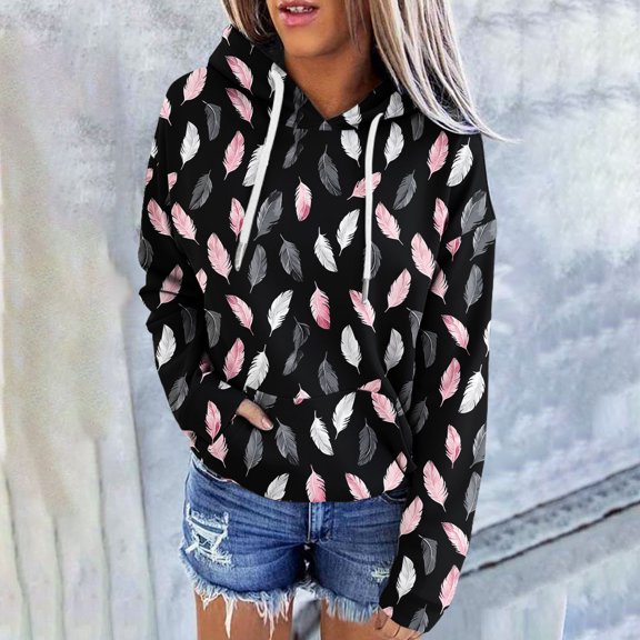 Elvqul Womens Tops Long Sleeve Sweatshirts Hooded Comfortable Pullover Casual Printed Tops for Juniors Spring