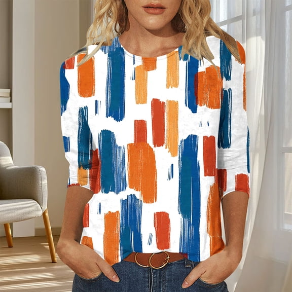 Elvqul Womens Tops Loose Fit Shirts Printed 3/4 Sleeve Pullover Round Neck Comfy Tops for Women Casual