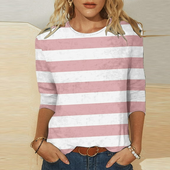 Elvqul Womens Tops Pink Crew Neck Striped Plus Size Blouses Fashion 3/4 Sleeve Juniors Pullover Tops