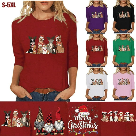 Elvqul Womens Tops Plus Size Cozy Shirts Christmas Red Holiday Crew Neck Tops for Ladies 3/4 Sleeve