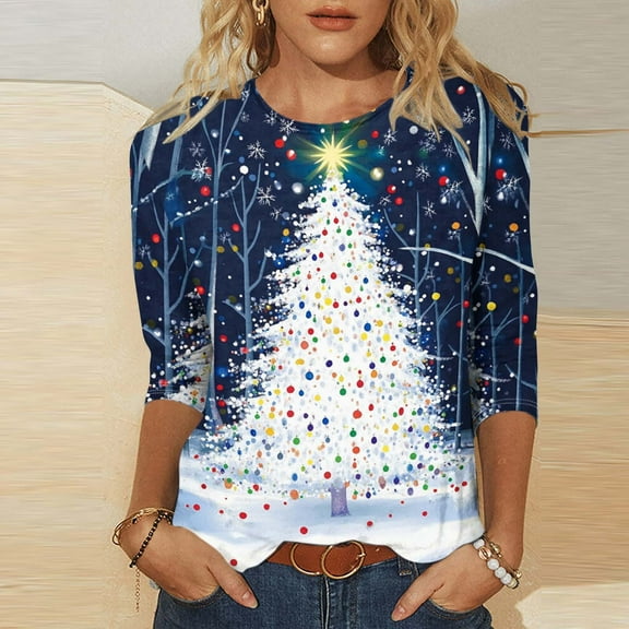 Elvqul Womens Tops Plus Size Crewneck Shirts Merry Christmas Christmas Tops for Women Cute