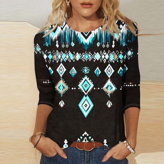 Elvqul Womens Tops Pullover Tunic Shirts Plus Size Multicolor Summer Fall Bohemian Blouses for Women 3/4 Sleeve