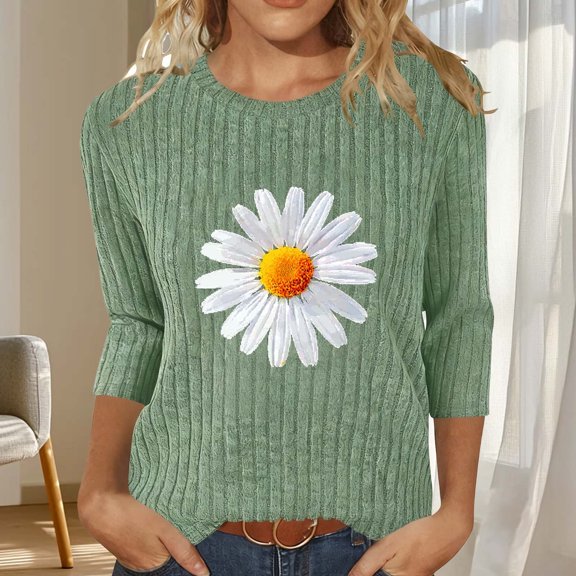 Elvqul Womens Tops Relaxed Fit Shirts Pullover Casual Round Neck 3/4 Sleeve Printed Cold Weather Tops for Women