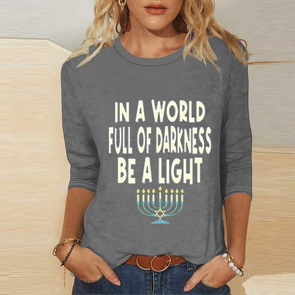 Elvqul Womens Tops Shirts Pullover 3/4 Sleeve Spring Round Neck Graphic Tops for Women Relaxed Fit