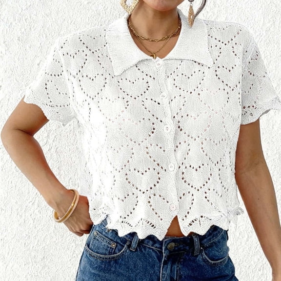 Elvqul Womens Tops Short Sleeve Blouses Spring Summer White Dressy Casual Solid Lace Shirts for Women Button Down