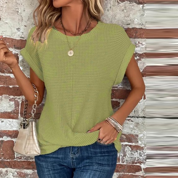 Elvqul Womens Tops Short Sleeve Spring Summer Blouses Waffle Knit Army Green Solid Pullover Plus Size Shirts for Women Crewneck