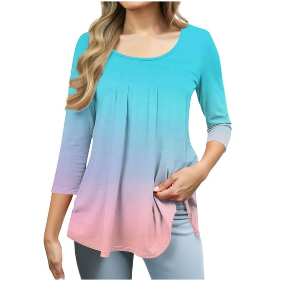 Elvqul Womens Tops Sky Blue Winter Plus Size T Shirts Pullover 3/4 Sleeve Printed Fashionable Blouses for Women Crewneck