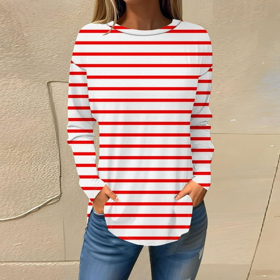 Elvqul Womens Tops Summer Long Sleeve Red Womens T Shirts Striped Print Crew Neck Casual Loose Tops