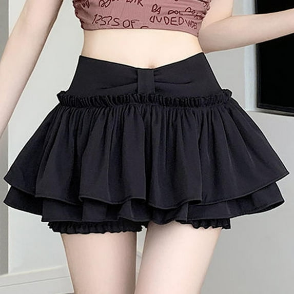 Elvqul Womens Trendy Skirts High Waist Solid Color Aline Comfortable Stretch Black Pleated Mini Skirts for Juniors