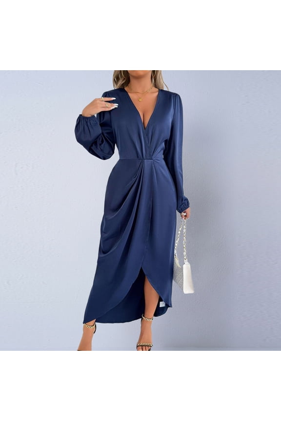 Womens Tunic High-Low Dresses Long Sleeve Dresses V Neck Side Split Solid Summer Asymmetrical Blue A-Line Dresses for Pullover