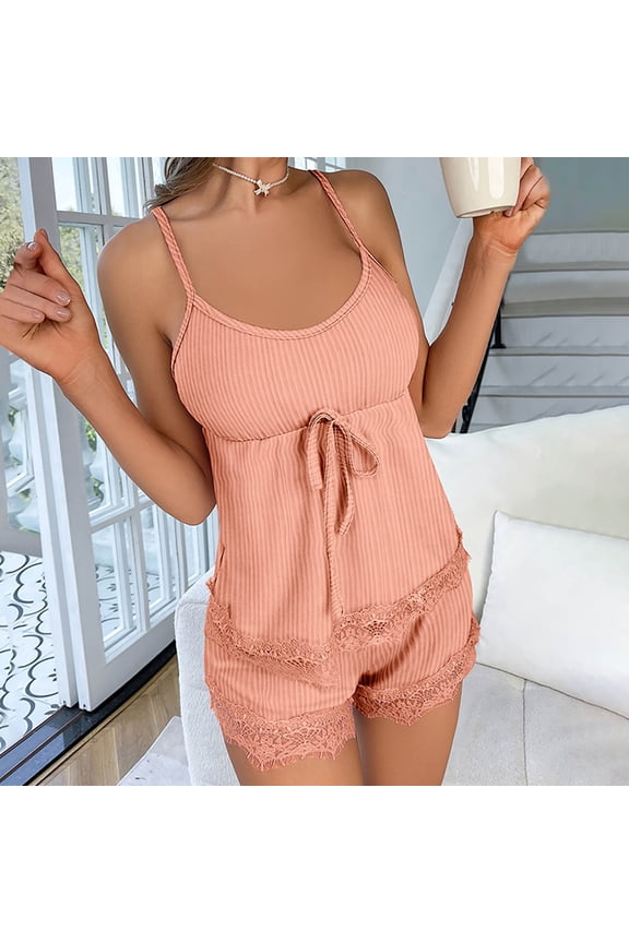 Womens Two Piece Pajama Set Scoop Neck Pullover Pjs Casual Sleeveless Cami and Shorts for Juniors Solid