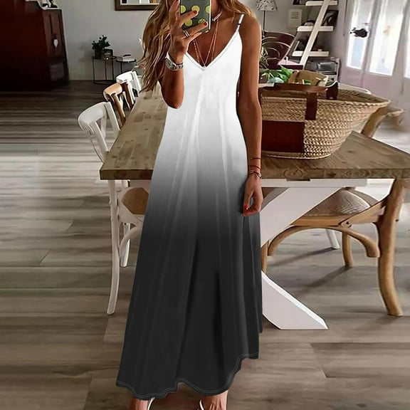 Elvqul Womens V Neck Dresses Pleated Max Gown Casual Plus Size Sleeveless Solid Rompers for Ladies Black