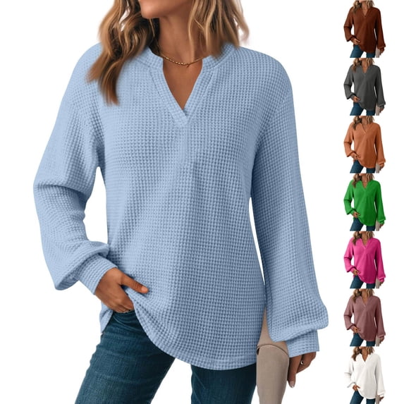 Elvqul Womens V Neck Tops Pullover Fashion Sweatshirts Long Sleeve Solid Pockets Shirts for Women Spring