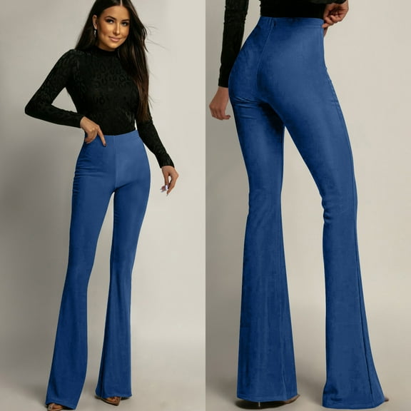Elvqul Womens Wide Leg Pants Casual Slacks High Waist Blue Fashion Solid Color Pants for Ladies