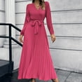thumbnail image 1 of Elvqul Womens Winter Dresses A Line Solid Color Dress Pleated Hot Pink Belted V Neck Long Sleeve Party Maxi Dress for Ladies Slim, 1 of 9