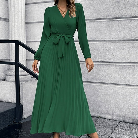 Elvqul Womens Winter Dresses Slim Pleated Dress Belted Solid Color House V Neck Green A Line Maxi Dress for Women Long Sleeve