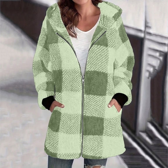 Elvqul Womens Winter Jacket Sherpa Plaid Outerwear Hooded Sweaters Long Sleeve Casual Thermal Coat for Ladies